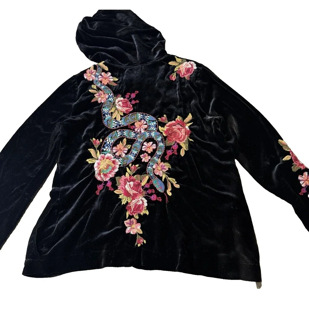 Johnny Was Black Velvet Silk Blend Embroidered Snake Malui Zip Hoodie Jacket S - Picture 3 of 7